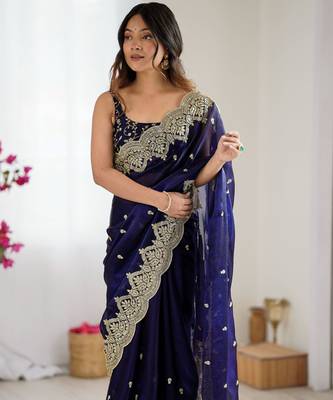 Blue chiffon embroidered saree 1