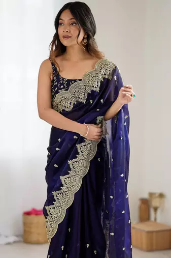 Blue color fendy chiffon fabric beautiful embroidered saree
