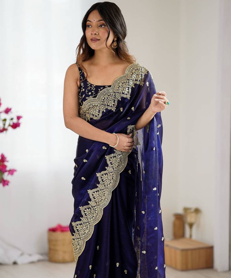Blue color fendy chiffon fabric beautiful embroidered saree