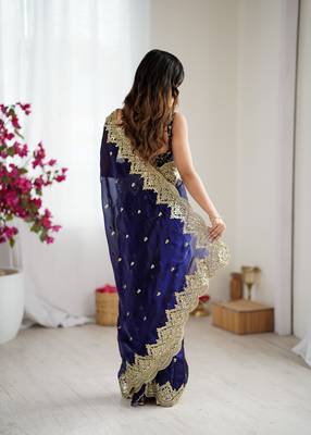 Blue chiffon embroidered saree 3