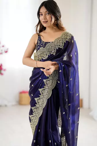 Blue chiffon embroidered saree