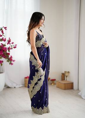 Blue chiffon embroidered saree 5