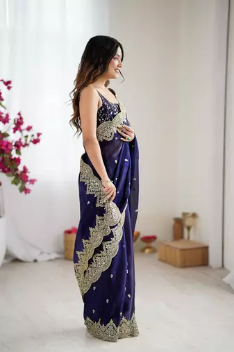 Blue chiffon embroidered saree