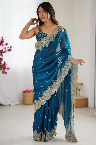 teal color fendy chiffon fabric beautiful embroidered saree