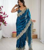 teal color fendy chiffon fabric beautiful embroidered saree