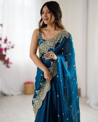 Teal color fendy chiffon fabric beautiful embroidered saree 4
