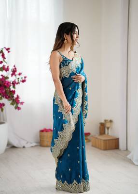Teal color fendy chiffon fabric beautiful embroidered saree 5