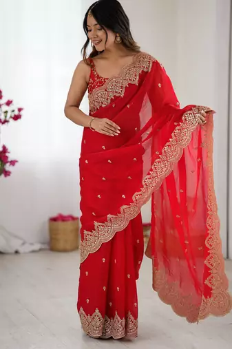 red color fendy chiffon fabric beautiful embroidered saree
