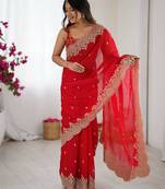 red color fendy chiffon fabric beautiful embroidered saree