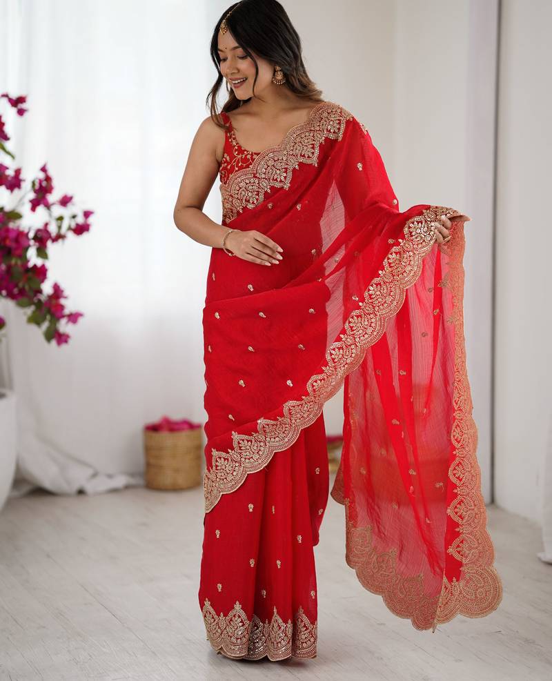 red color fendy chiffon fabric beautiful embroidered saree