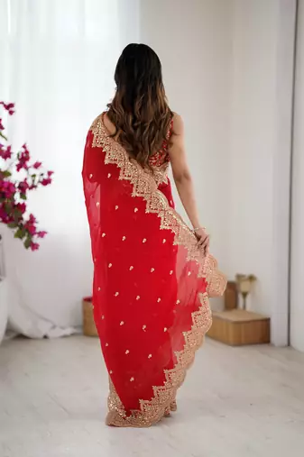 red chiffon embroidered saree