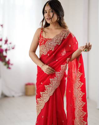 red chiffon embroidered saree 4