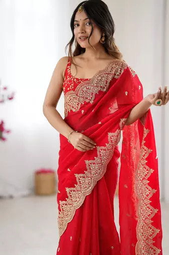 red chiffon embroidered saree