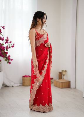red chiffon embroidered saree 5