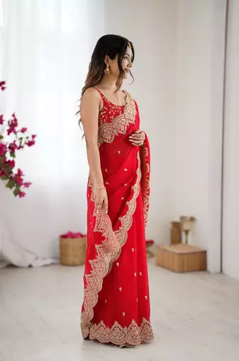 red chiffon embroidered saree