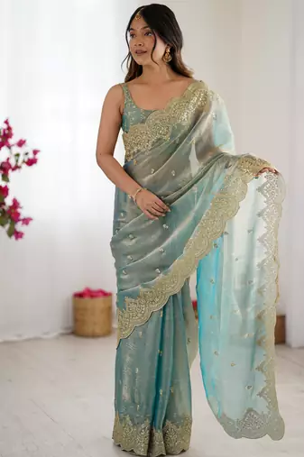 sky blue color fendy chiffon fabric beautiful embroidered saree