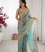sky blue color fendy chiffon fabric beautiful embroidered saree