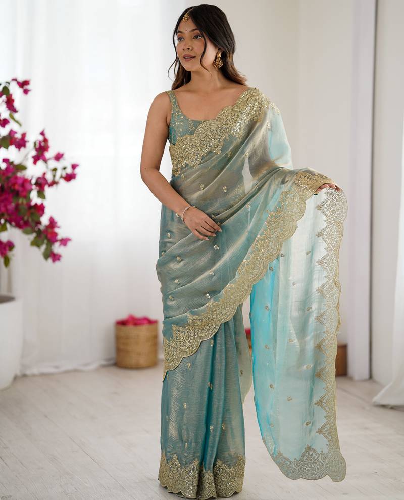 sky blue color fendy chiffon fabric beautiful embroidered saree