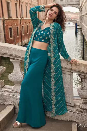 blue chinon silk indo-western shrug with elegant flow