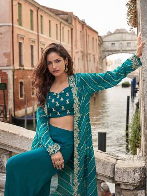 blue chinon silk indo-western shrug with elegant flow 2
