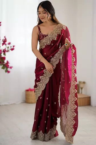wine color fendy chiffon fabric beautiful embroidered saree