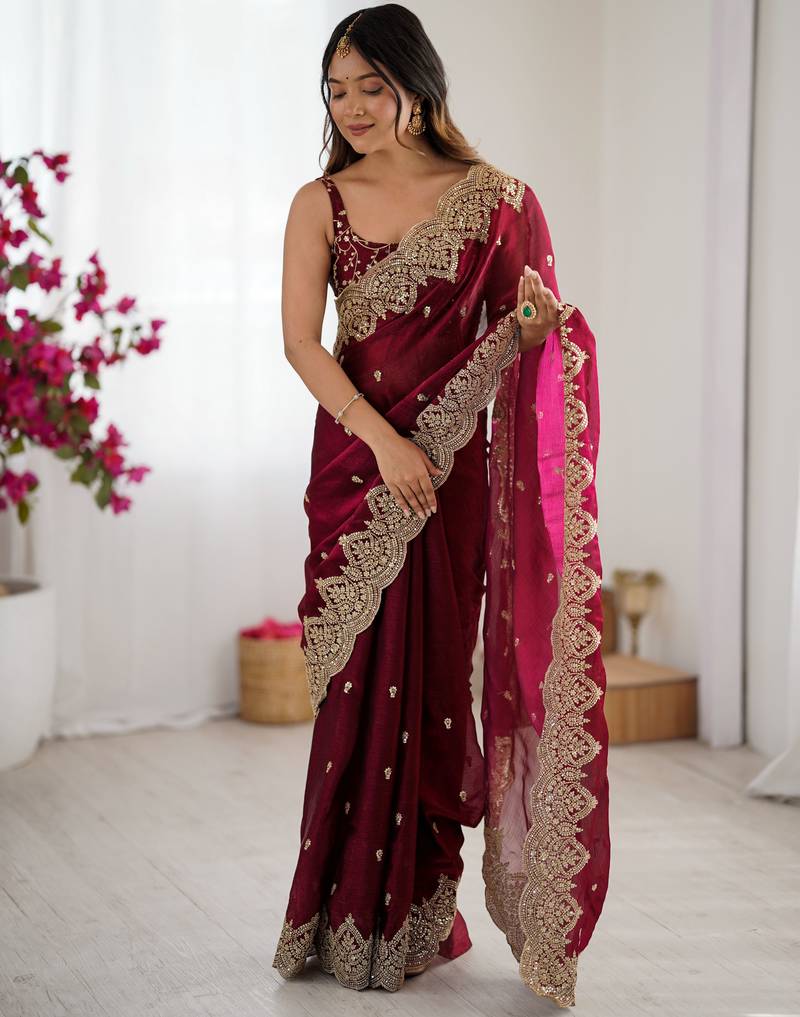 wine color fendy chiffon fabric beautiful embroidered saree