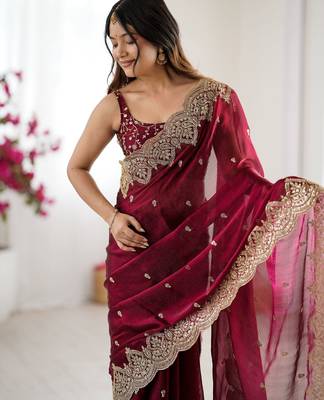 wine chiffon embroidered saree 3