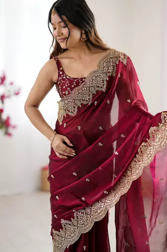 wine chiffon embroidered saree