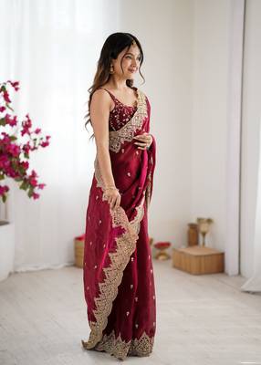 wine chiffon embroidered saree 4