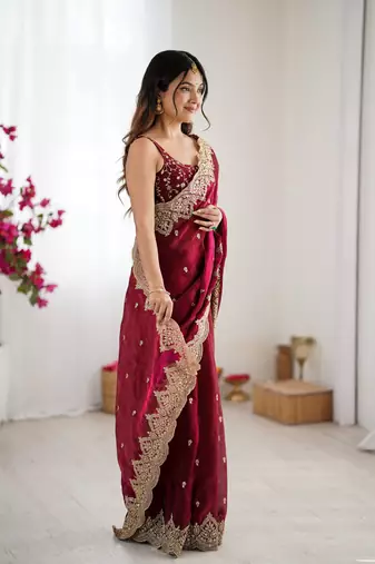 wine chiffon embroidered saree