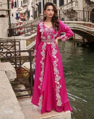 pink chinon silk indo western crop top and shrug set 1