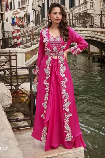 pink chinon silk indo western crop top and shrug set