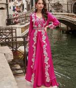 pink chinon silk indo western crop top and shrug set