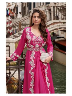 pink chinon silk indo western crop top and shrug set 2
