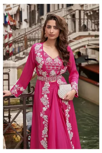 pink chinon silk indo western crop top and shrug set