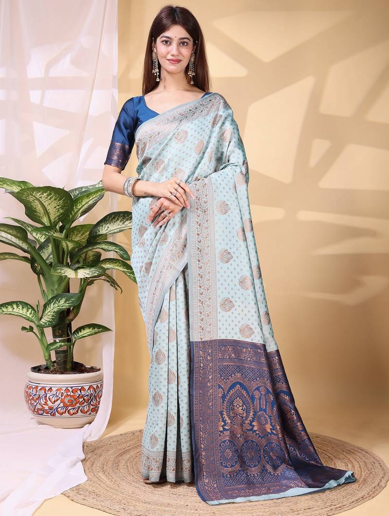 sky blue color lichi art silk fabric beautiful woven designer saree