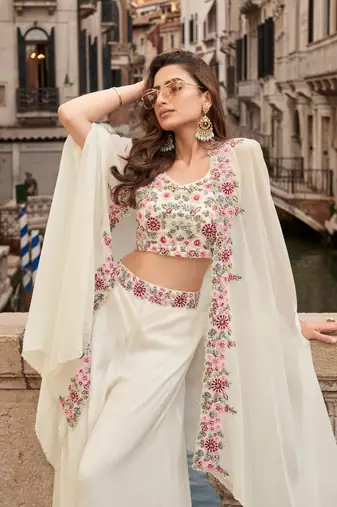 white chinon silk indo-western crop top with coordinated shrug