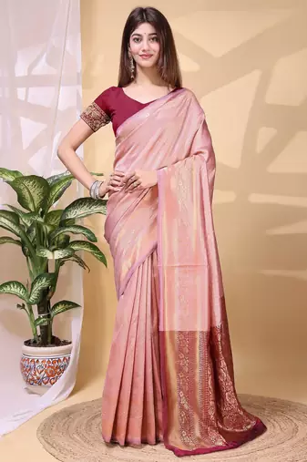 peach color lichi art silk fabric beautiful woven designer saree