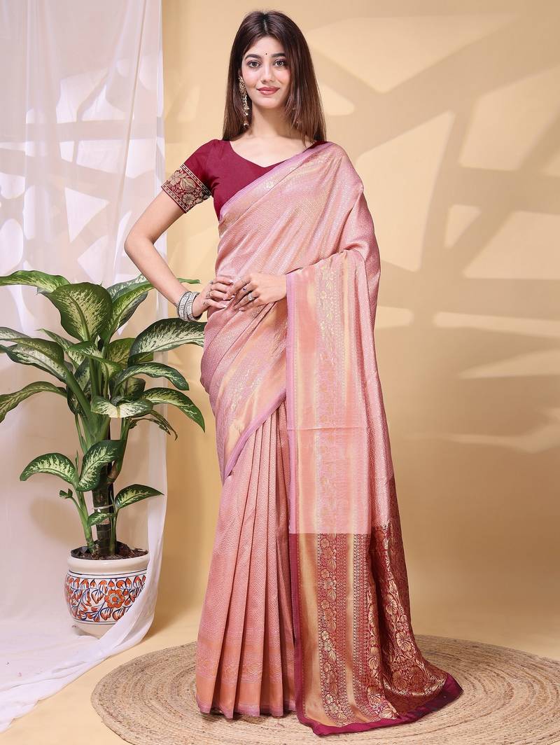 peach color lichi art silk fabric beautiful woven designer saree
