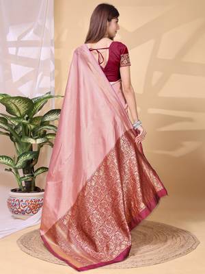 peach lichi art silk blend woven saree 2