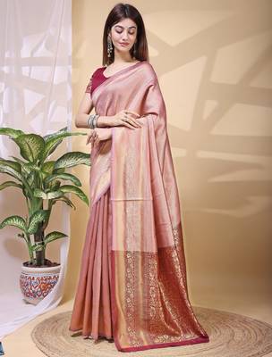 peach lichi art silk blend woven saree 3