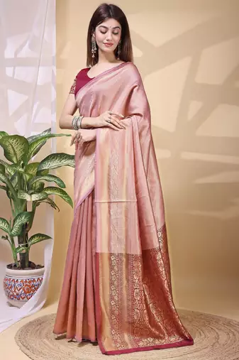 peach lichi art silk blend woven saree