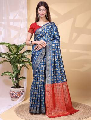 blue lichi art silk blend woven saree 1