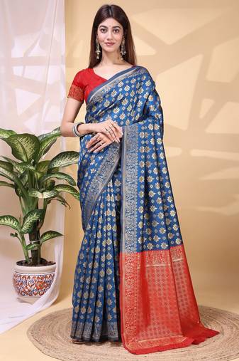 blue color lichi art silk fabric beautiful woven designer saree