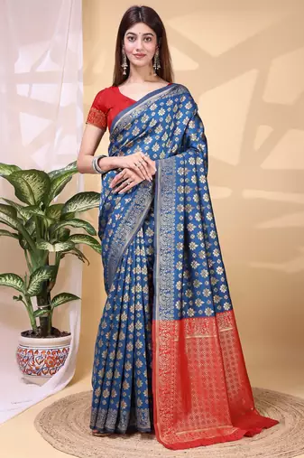 blue color lichi art silk fabric beautiful woven designer saree