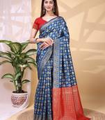 blue color lichi art silk fabric beautiful woven designer saree