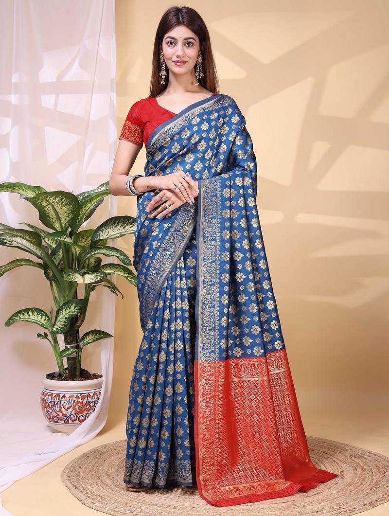 blue color lichi art silk fabric beautiful woven designer saree