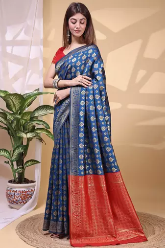 blue lichi art silk blend woven saree