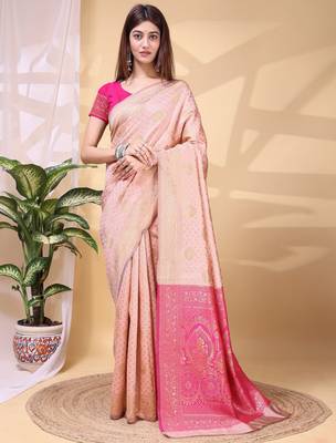 pink lichi art silk blend woven saree 1