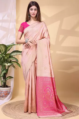 pink color lichi art silk fabric beautiful woven designer saree